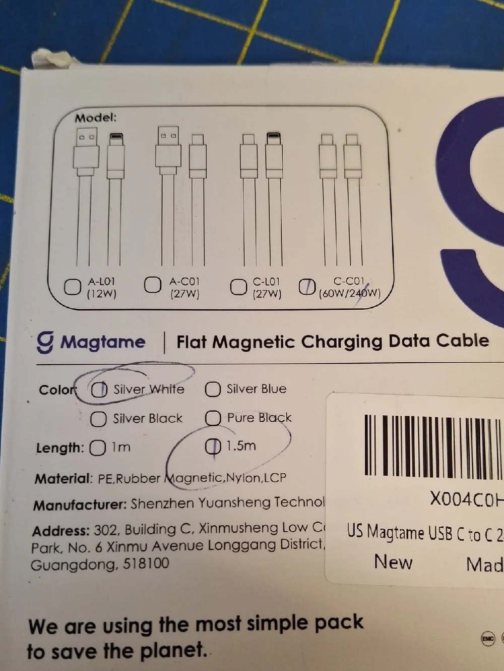 MagTame USB-C Magnetic Charging Cable with Data Transfer New 1.5m Silver White